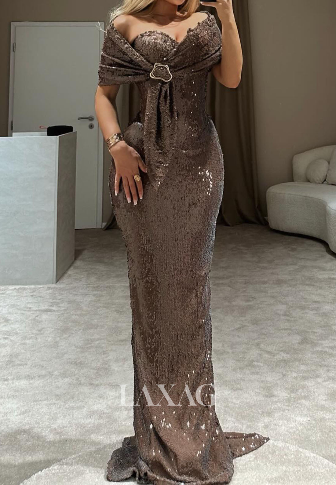 Sweetheart Sleeveless Sweep Train Formal Gowns Off-Shoulder Fully Sequined Mermaid Evening Dress