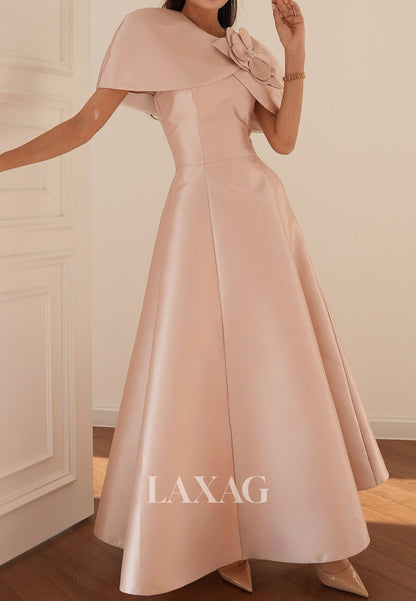 Scoop-Neck Sleeveless Floral Embossed Satin Ankle-Length A-Line Evening Dress with Overlay