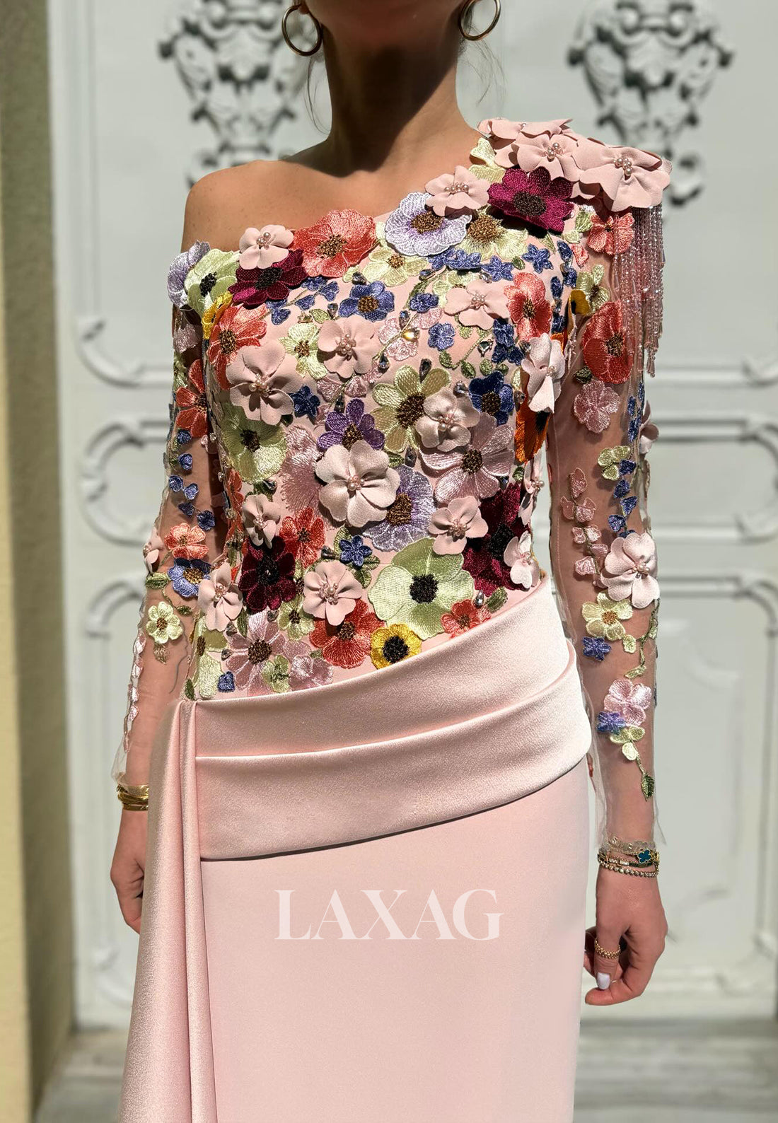 Asymmetrical-Neck Long-Sleeves Multi-Color 3D-Floral Applique Tulle&Satin Mermaid Evening Dress