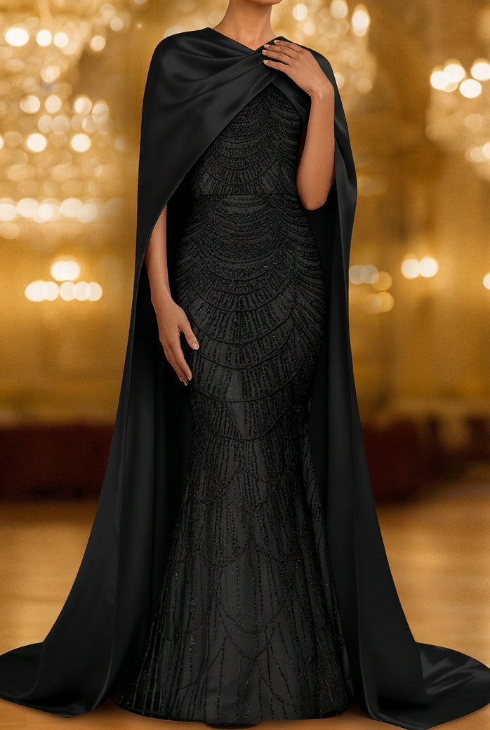 Beaded Mermaid Evening Gown with Draped Cape