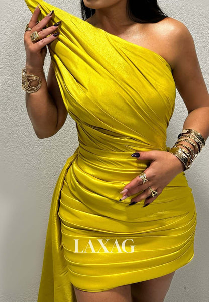 Asymmetrical-Neck Off-Shoulder Sleeveless Pleated Satin Mermaid Homecoming Dress with Sweep Train