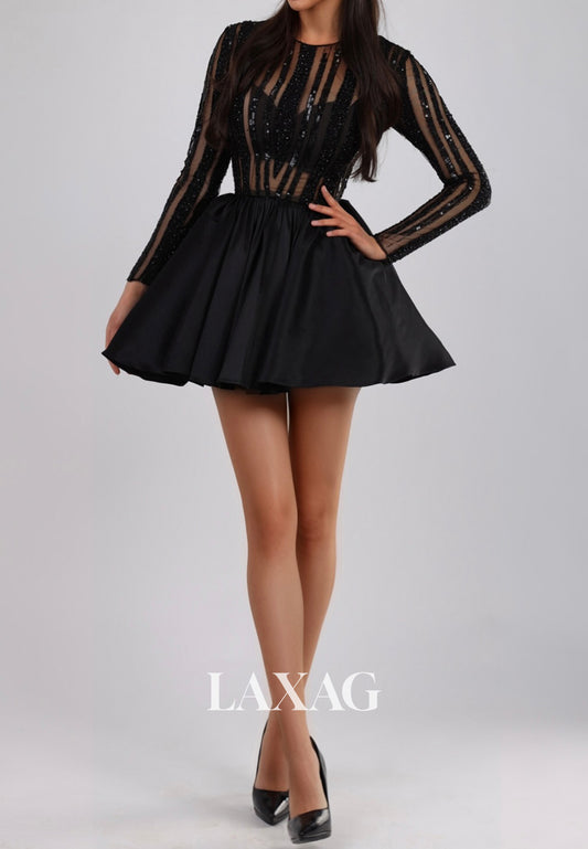 Scoop-Neck Long-Sleeves Applique Sheer Pleated Satin A-Line Party Homecoming Dress