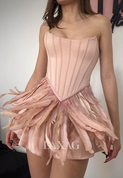 Scoop-Neck Off-Shoulder Sleeveless Feathered Pleated Satin A-Line Party Homecoming Dress
