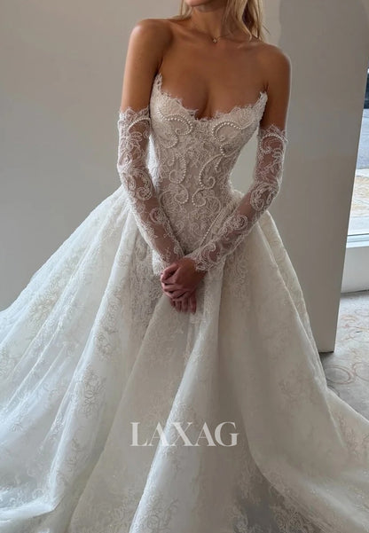 Off-Shoulder Sweetheart Long-Sleeves Pearls Lace Applique Tulle A-Line Wedding Dress with Train