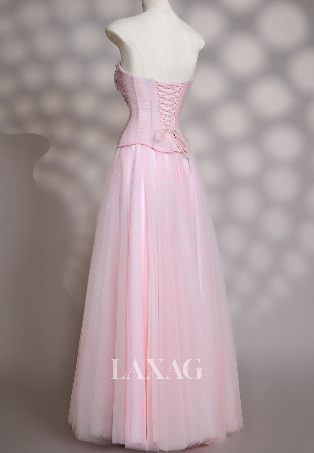 Tube Top Off-Shoulder Sleeveless Beaded Tulle Pleated Floor-Length A-Line Prom Dress