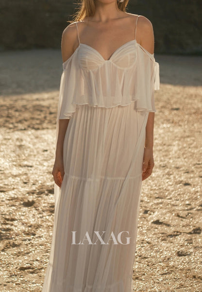 Sweetheart Spaghetti Straps Tulle Pleated Sheer Floor-Length Fitted Wedding Dress