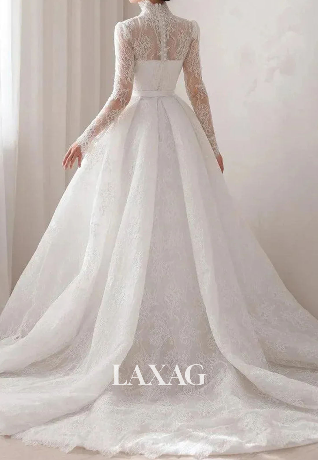A-Line High V-Neck Long-Sleeves Allover Lace Pleated Sheer Sweep Train Wedding Dress