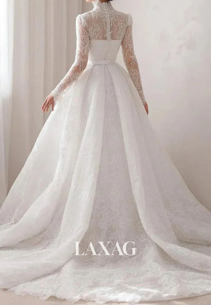 A-Line High V-Neck Long-Sleeves Allover Lace Pleated Sheer Sweep Train Wedding Dress