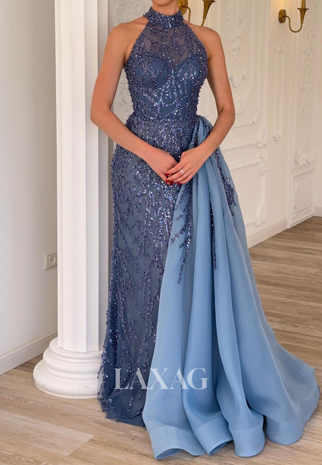 Halter-Neck Off-Shoulder Sleeveless Fully Beaded Sequined Mermaid Evening Dress with Chiffon Train