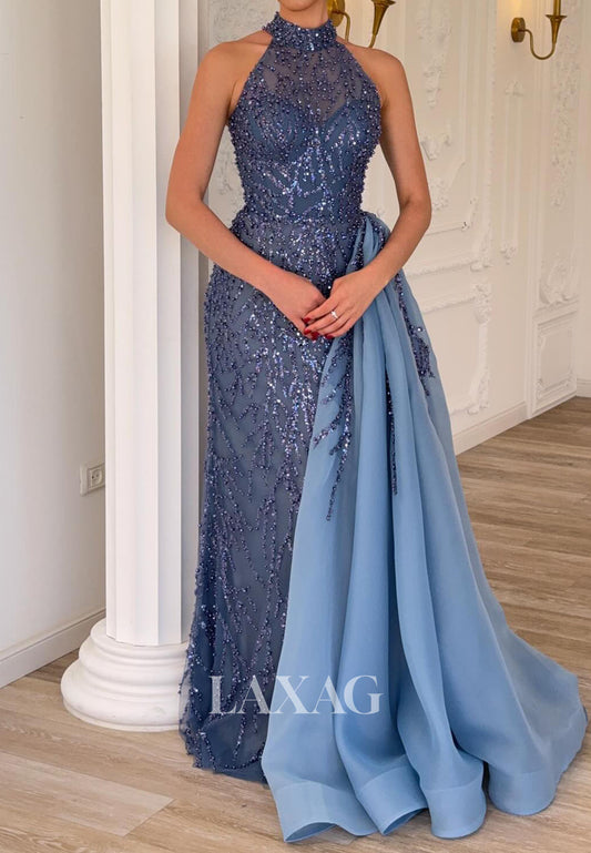 Halter-Neck Off-Shoulder Sleeveless Fully Beaded Sequined Mermaid Evening Dress with Chiffon Train