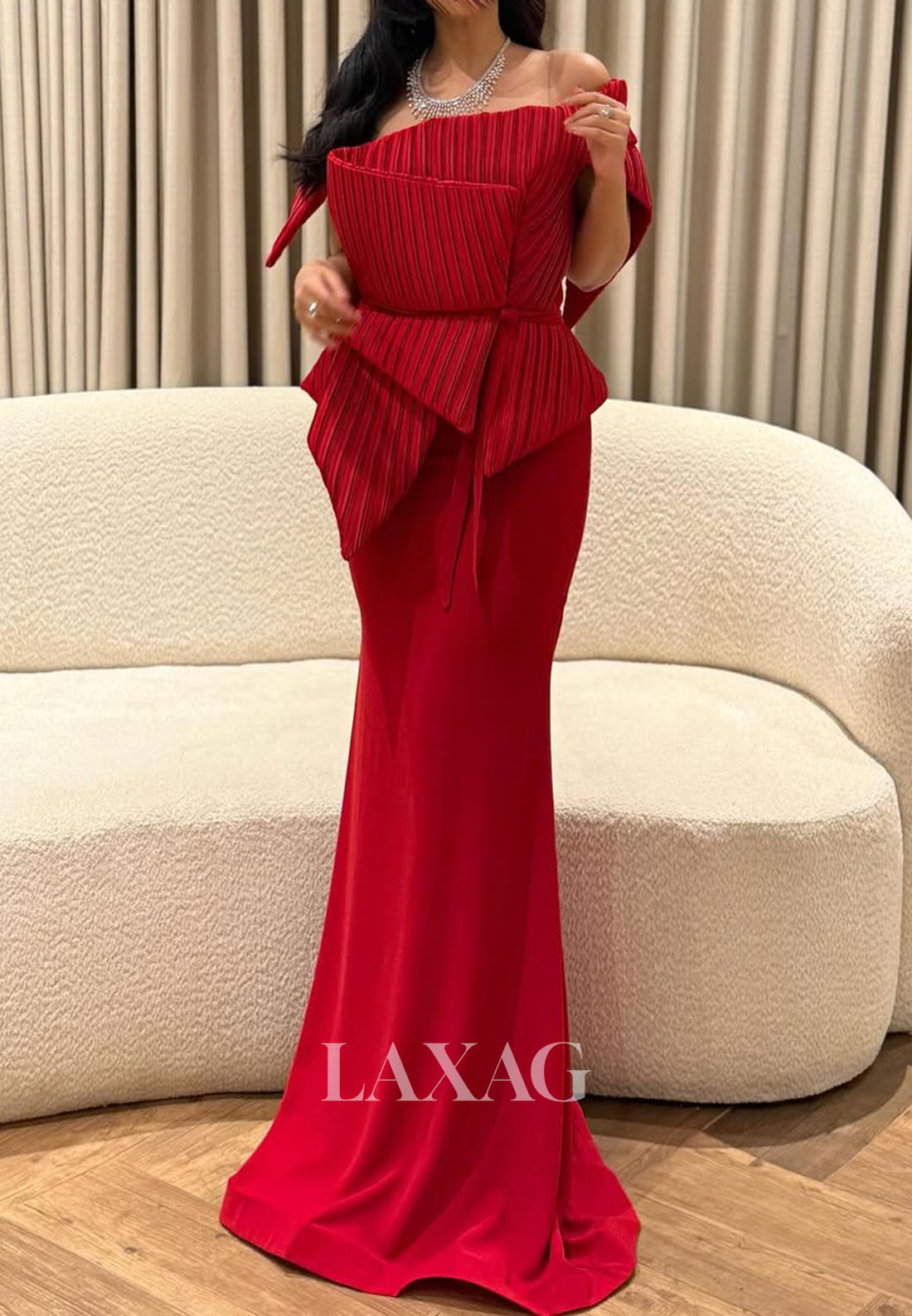 Asymmetrical-Neck Off-Shoulder Mermaid Evening Dress Sleeveless Pleated Satin Formal Gowns