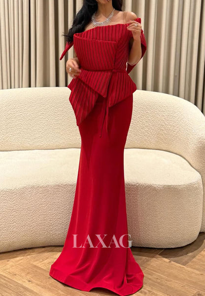 Asymmetrical-Neck Off-Shoulder Mermaid Evening Dress Sleeveless Pleated Satin Formal Gowns