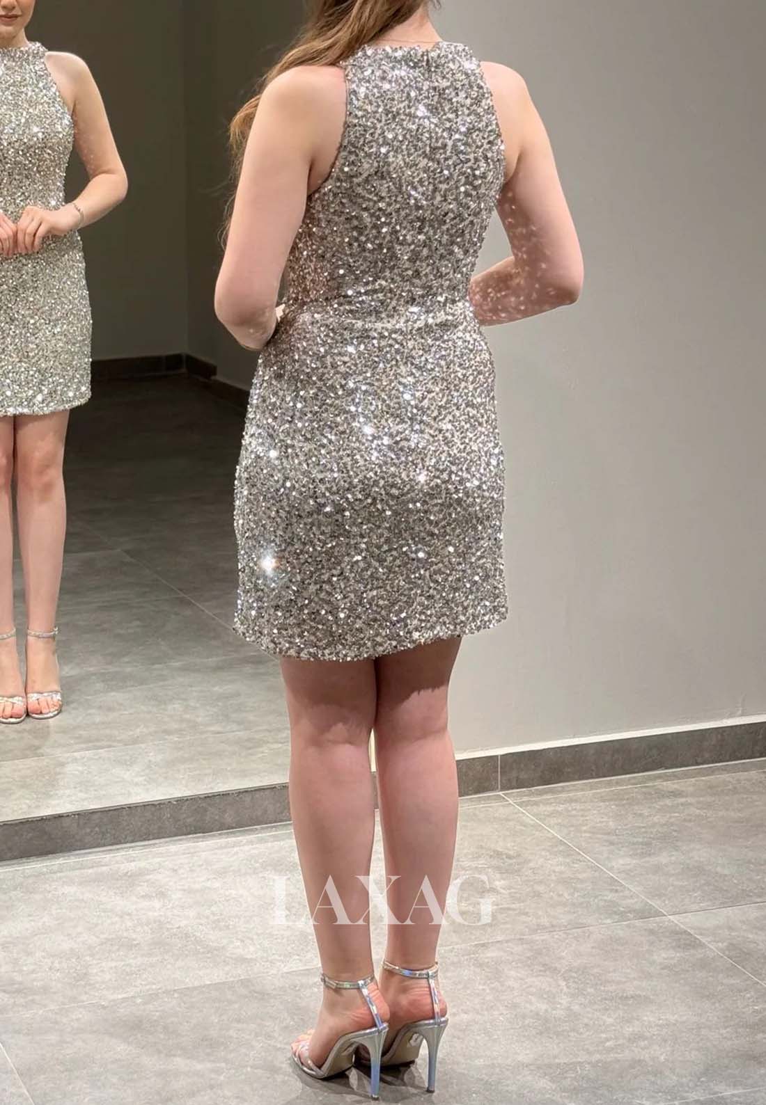 Halter-Neck Off-Shoulder Sleeveless Fully Sequined Short Mermaid Party Homecoming Dress