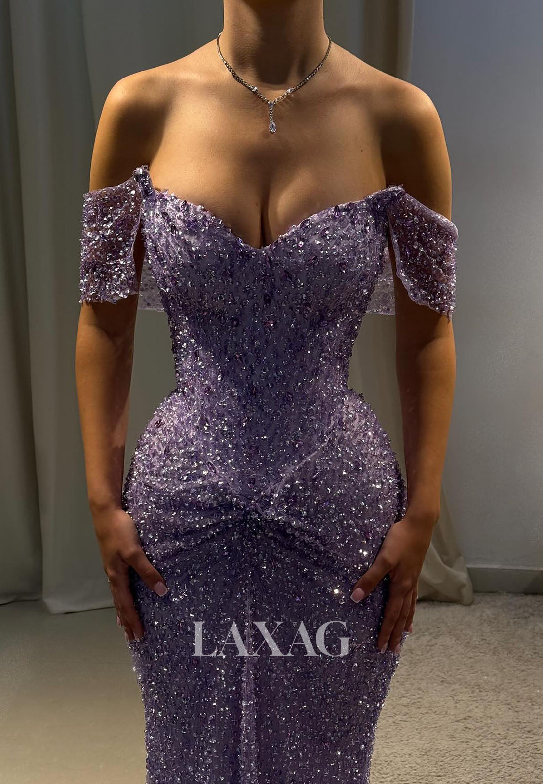 Fully Sequined Beaded Pleated Mermaid Prom Dress Sweetheart Cap-Sleeves Floor-Length Party Gowns