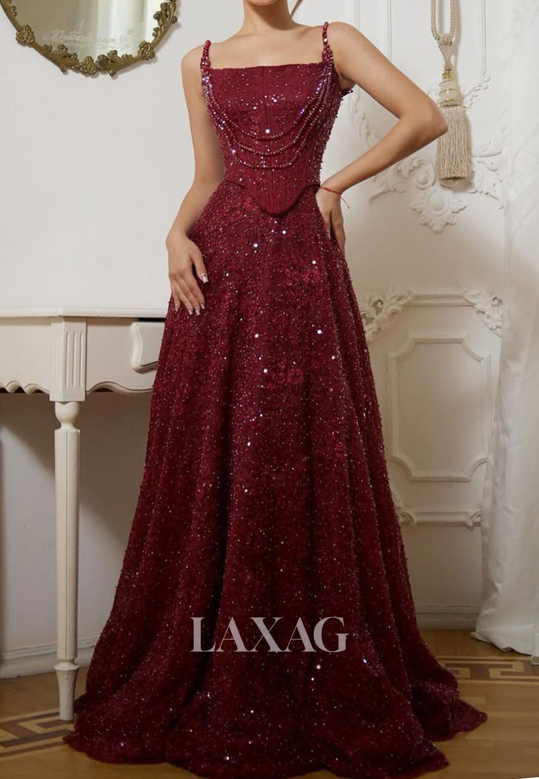 Square-Neck Spaghetti Straps Floor-Length A-Line Prom Dress Fully Sequined Beaded Party Gowns