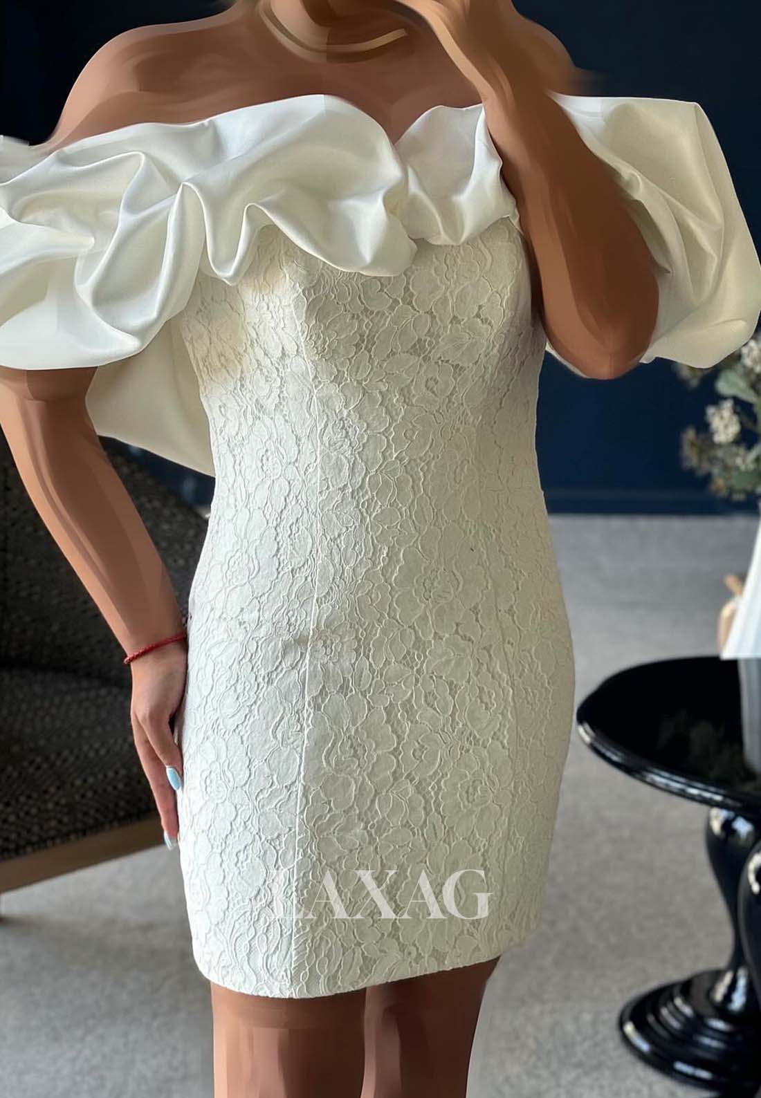 Ruffled Tube Top Off-Shoulder Sleeveless Allover Lace Applique Mermaid Party Homecoming Dress