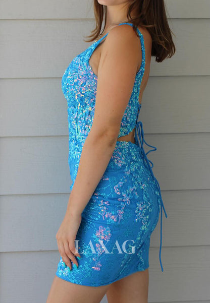 Deep V-Neck Spaghetti Straps Sleeveless Fully Sequined Applique Mermaid Homecoming Dress