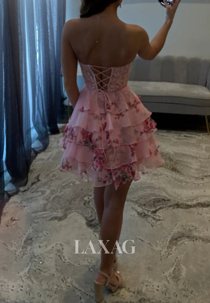 Off-Shoulder Sweetheart Applique Beaded Pleated Print-Chiffon Tiered A-Line Homecoming Dress