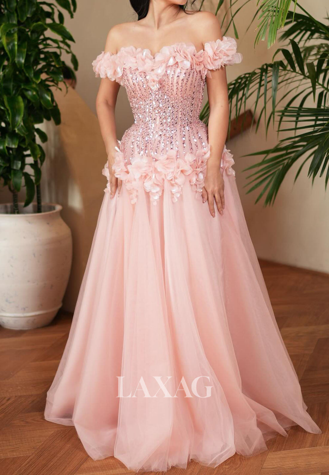 Sweetheart Off-Shoulder A-Line Evening Dress Sleeveless Beaded Sequined Pleated Tulle Formal Gowns