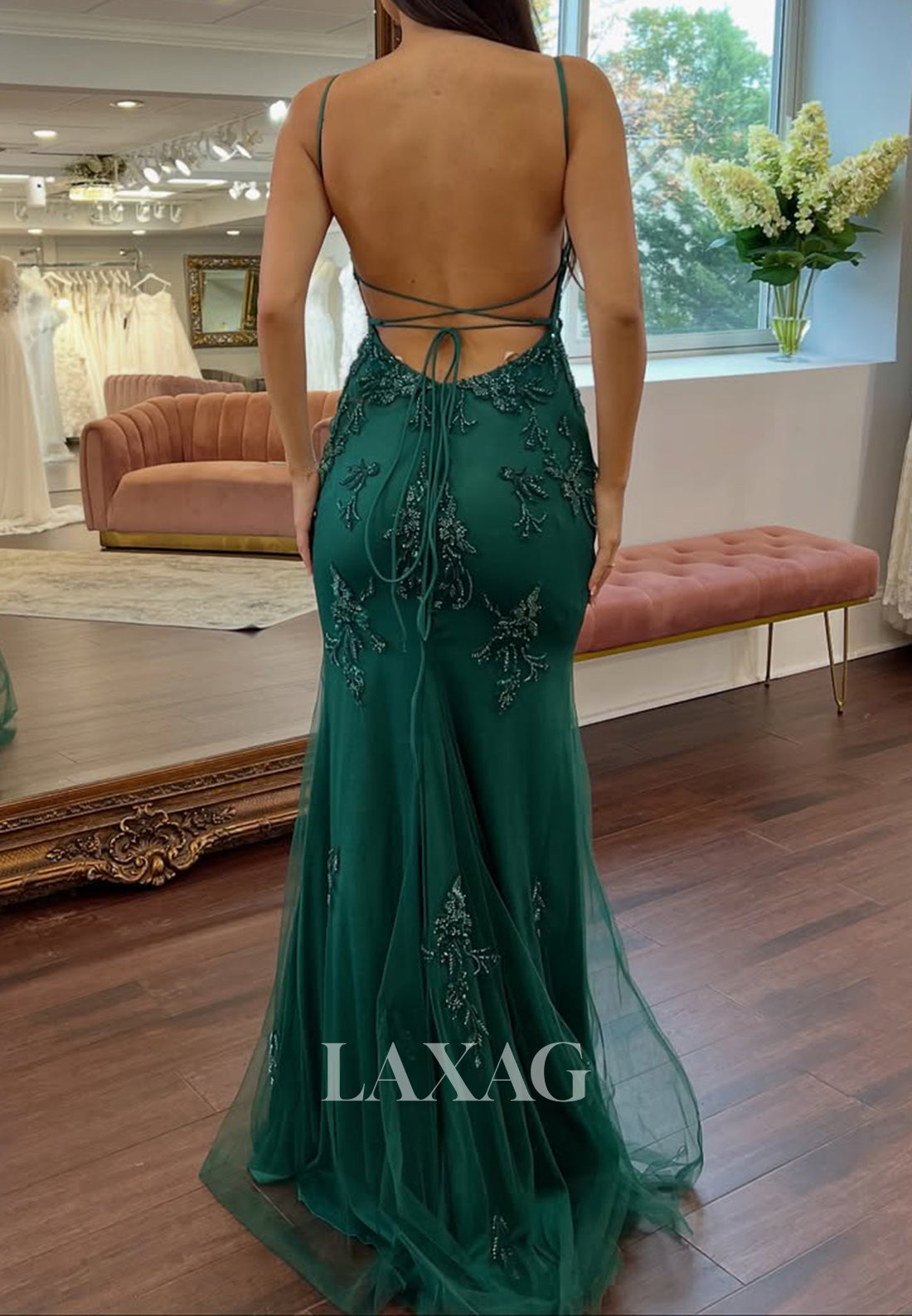 Sequined Beaded Applique Satin Formal Gowns V-Neck Spaghetti Straps Mermaid Prom Dress