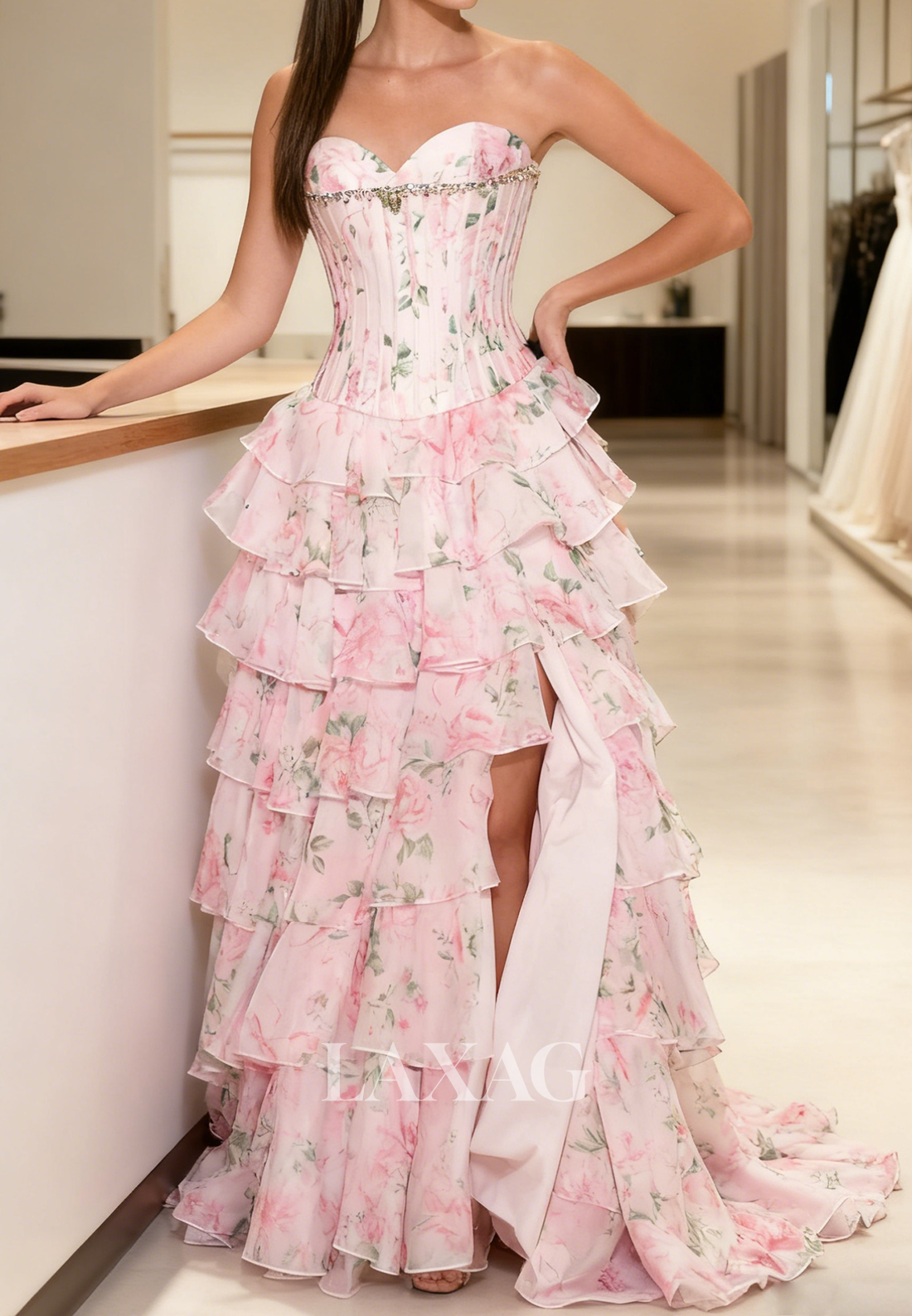 Off-Shoulder Sleeveless Beaded Party Gowns Sweetheart Print-Chiffon Pleated Tiered A-Line Prom Dress