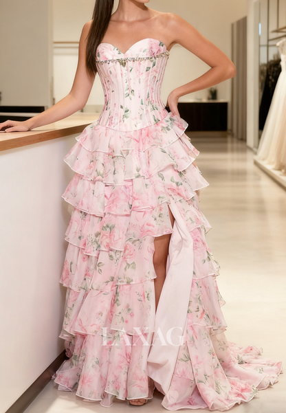 Off-Shoulder Sleeveless Beaded Party Gowns Sweetheart Print-Chiffon Pleated Tiered A-Line Prom Dress