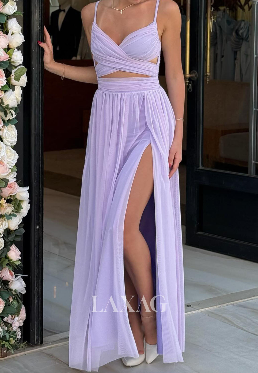 Sweetheart Spaghetti Straps Fitted Prom Dress Sleeveless Floor-Length Pleated Tulle Party Gowns