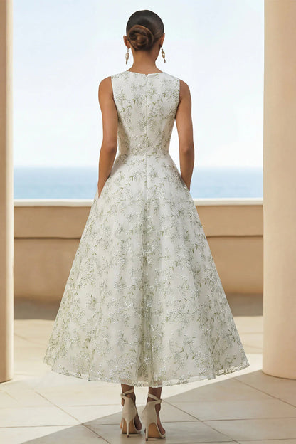 Scoop-Neck Sleeveless Ankle-Length Jacquard Satin Pleated Mother of the Bride Dress