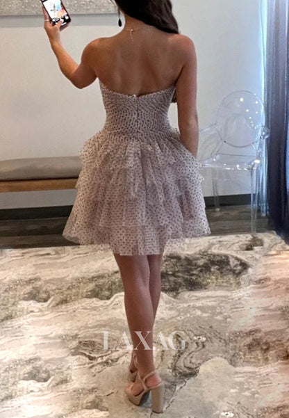 Sweetheart Off-Shoulder Cutout Pleated Tulle Tiered A-Line Party Homecoming Dress with Bows