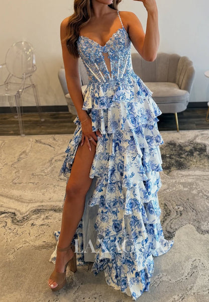 V-Neck Spaghetti Straps Tiered A-Line Prom Dress Sequined Applique Print-Chiffon Party Gowns