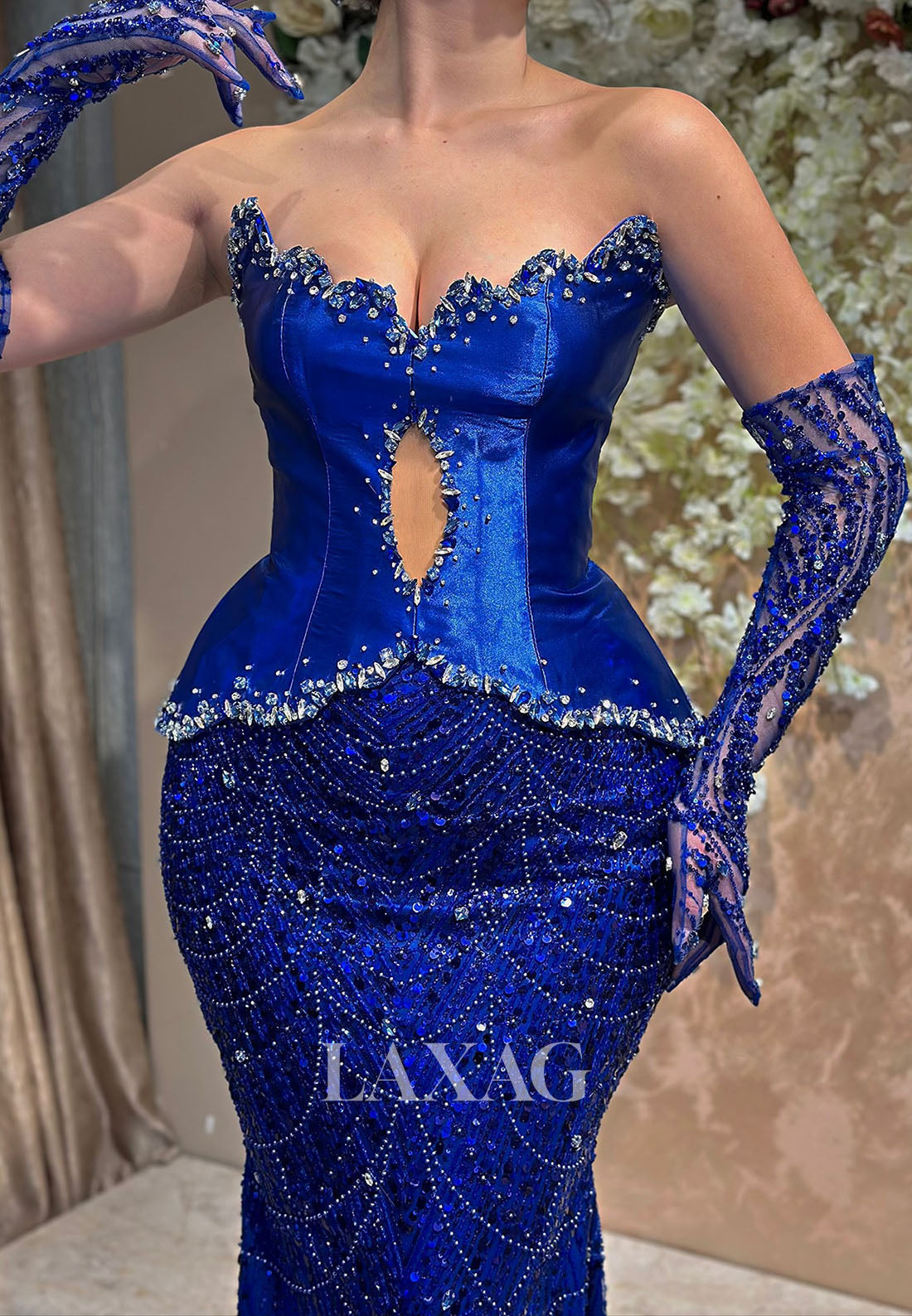 V-Neck Floor-Length Satin Mermaid Evening Dress Off-Shoulder Beaded Sequined Formal Gowns