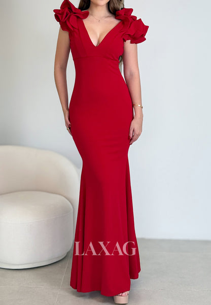 V-Neck Sleeveless Satin Mermaid Evening Dress Ruffled-Strap Floor-Length Formal Gowns