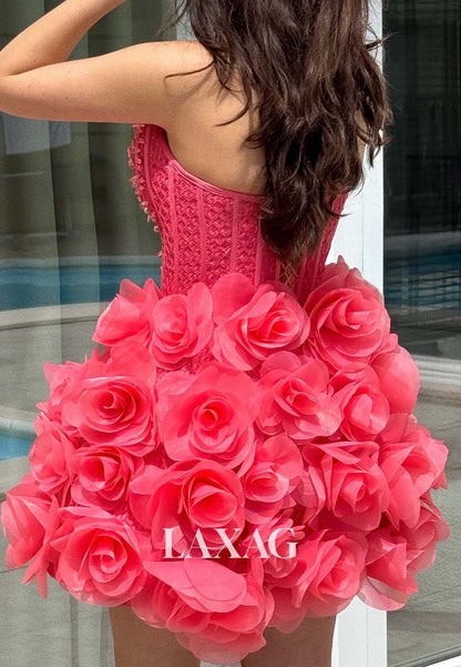 Scoop-Neck Off-Shoulder Rhinestone Floral Embellished A-Line Party Homecoming Dress