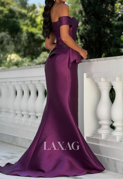 Tube Top Off-Shoulder Sleeveless Beaded Satin Mermaid Evening Dress with Sweep Train