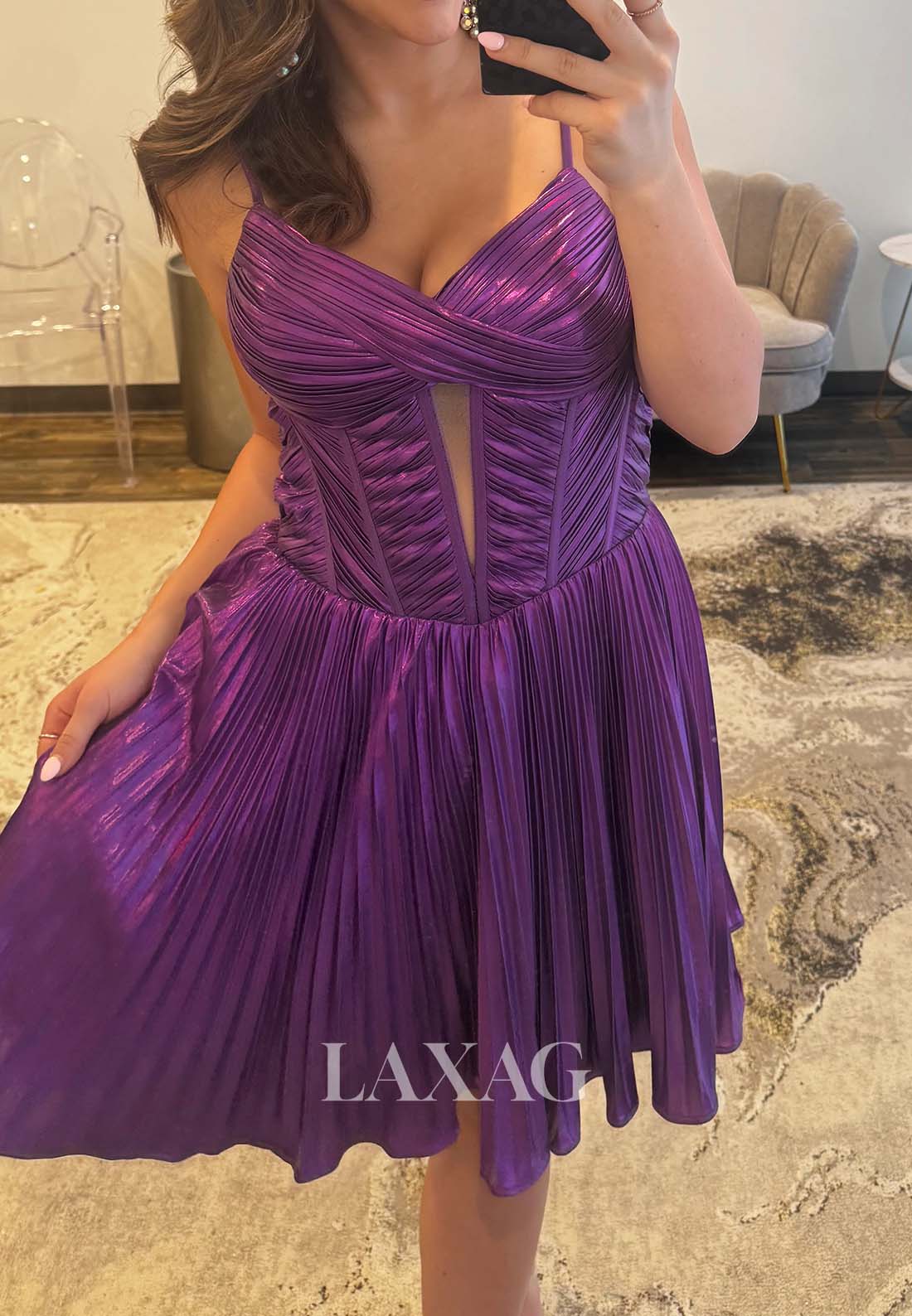 V-Neck Spaghetti Straps Sleeveless Pleated Satin Short A-Line Party Homecoming Dress