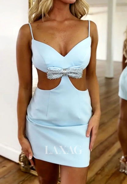 V-Neck Spaghetti Straps Sleeveless Pleated Satin Mermaid Homecoming Dress with Beaded Bow