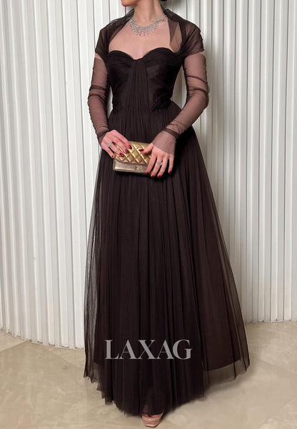 Sweetheart Long-Sleeves Floor-Length Tulle Pleated Sheer Simple A-Line Evening Dress