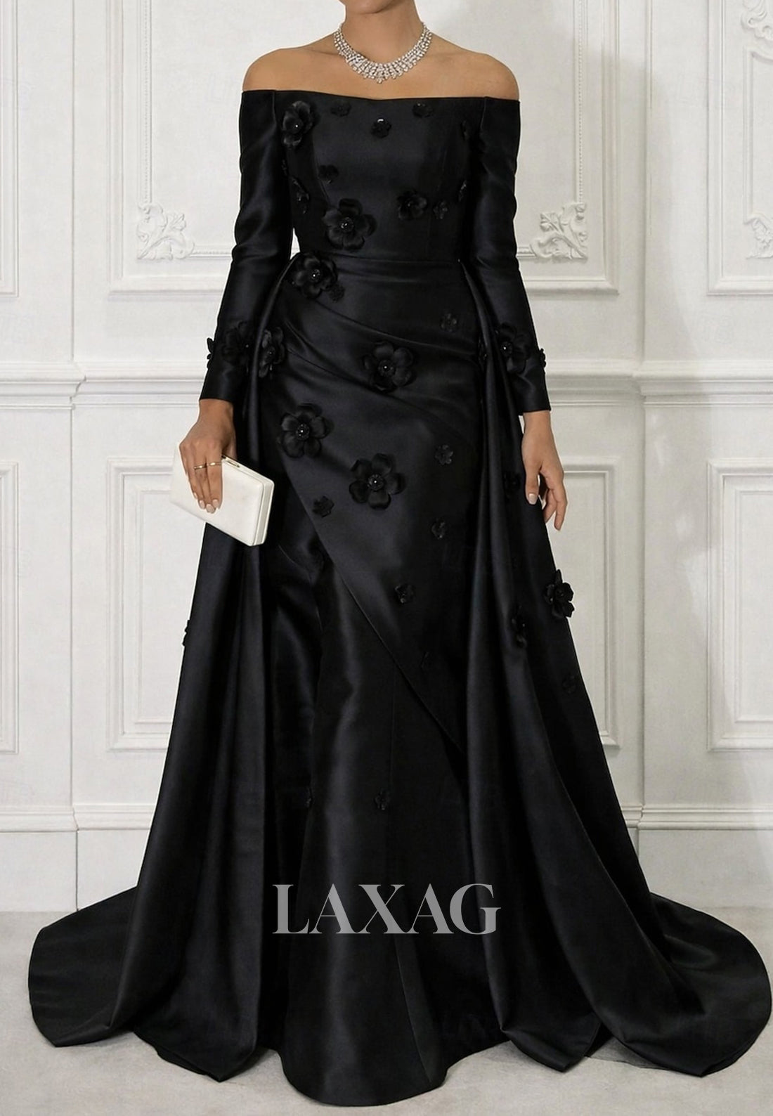 Bateau-Neck Off-Shoulder Long-Sleeves 3D-Floral Satin Pleated Mermaid Mother of the Bride Dress