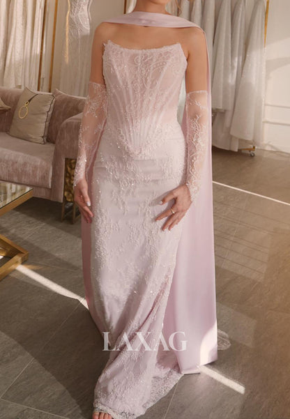 Scoop-Neck Off-Shoulder Prom Gowns Sleeveless Sequined Lace Applique Mermaid Evening Dress