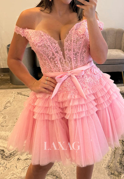 Deep V-Neck Off-Shoulder Lace Applique Pleated Tiered Tulle A-Line Party Homecoming Dress