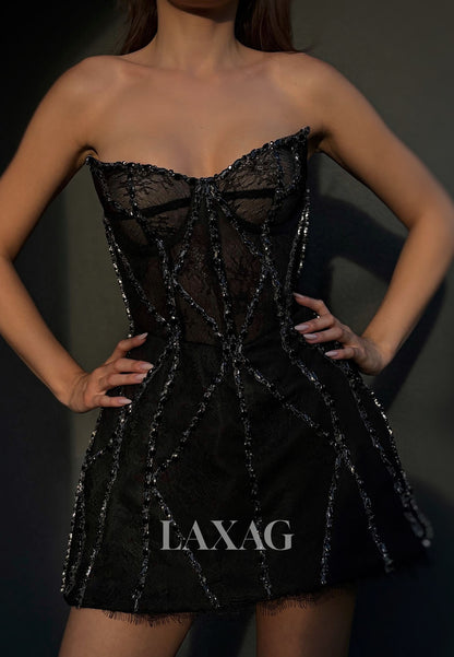 V-Neck Off-Shoulder Sleeveless Beaded Sequined Pleated Lace A-Line Party Homecoming Dress