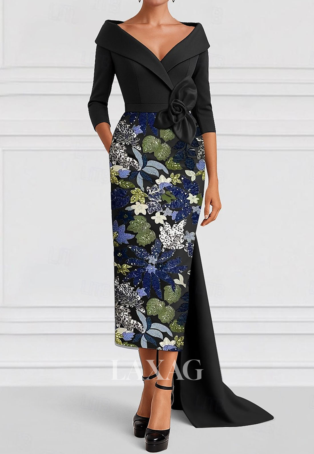 V-Neck Collared Tea-Length Mermaid Evening Dress 3/4-Sleeves Sequined Applique Satin Formal Gowns