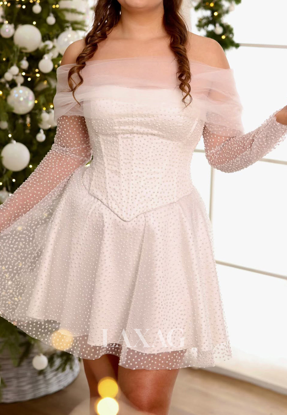Tube Top Off-Shoulder Long-Sleeves Beaded Pleated Satin&Tulle A-Line Party Homecoming Dress