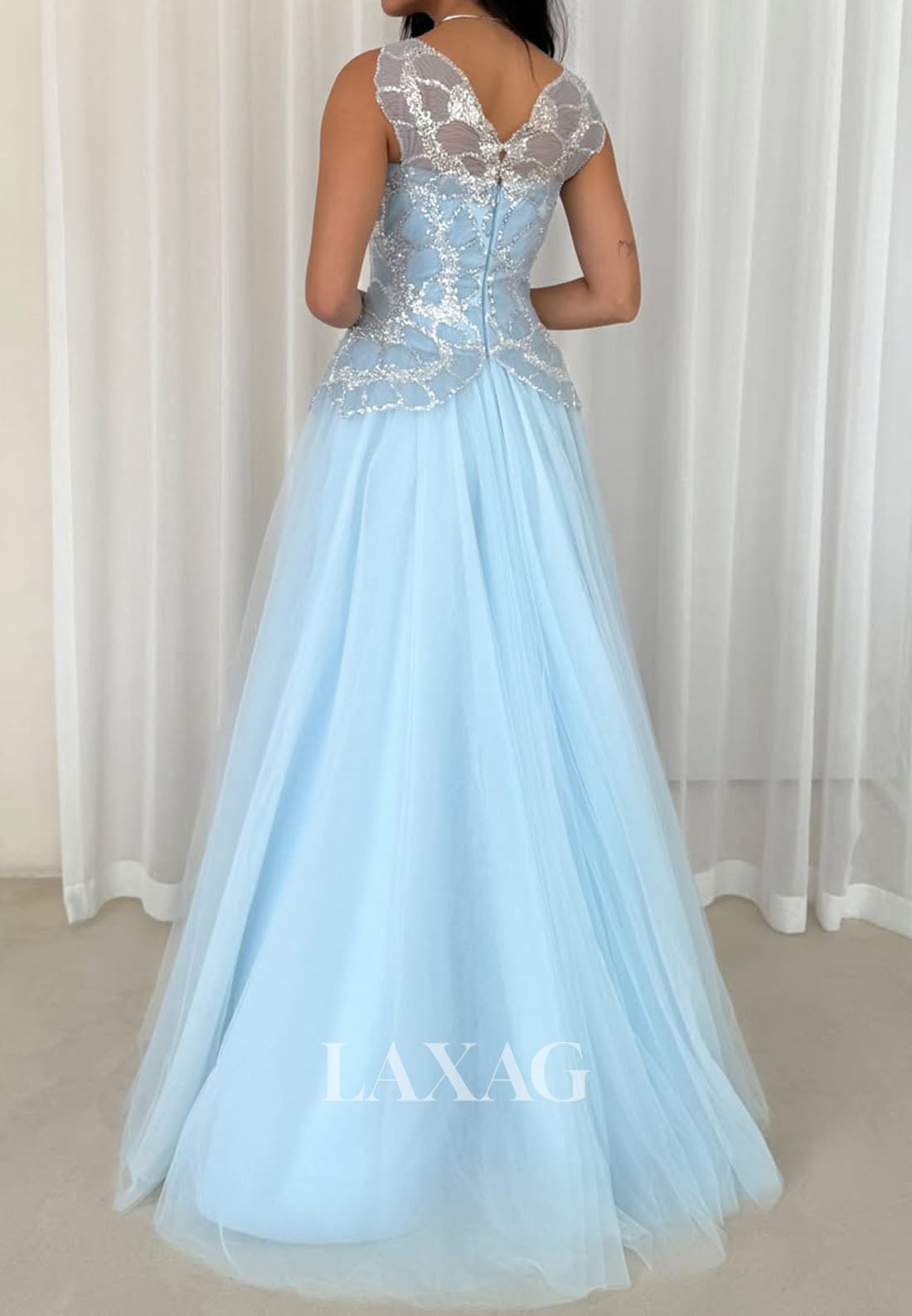 Tube Top Sleeveless Sheer Pleated Tulle A-Line Prom Dress Sequined Floor-Length Party Gowns