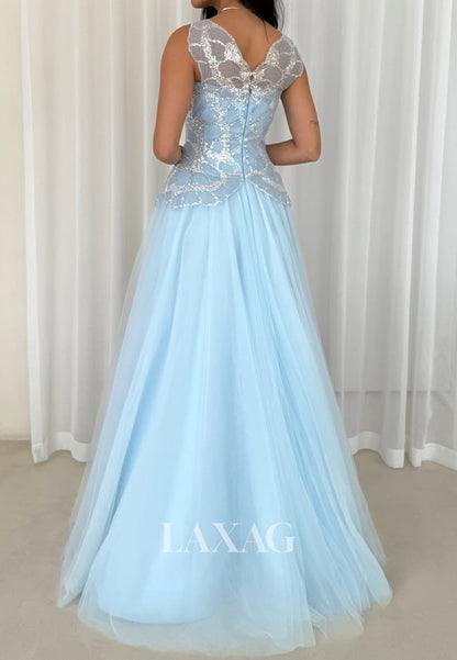 Tube Top Sleeveless Sheer Pleated Tulle A-Line Prom Dress Sequined Floor-Length Party Gowns