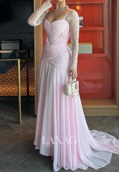 Sweetheart Long-Lace-Sleeves Chiffon Pleated Sheer Sweep Train A-Line Evening Dress