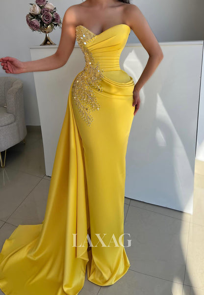 Sweetheart Sleeveless Pleated Satin Formal Gowns Sequined Beaded Sweep Train Mermaid Evening Dress