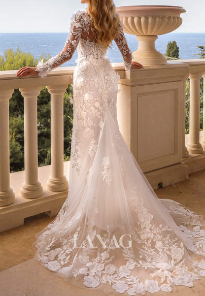 High-Neck Long-Sleeves Pleated Tulle Bride Gowns Applique Sweep Train Mermaid Wedding Dress