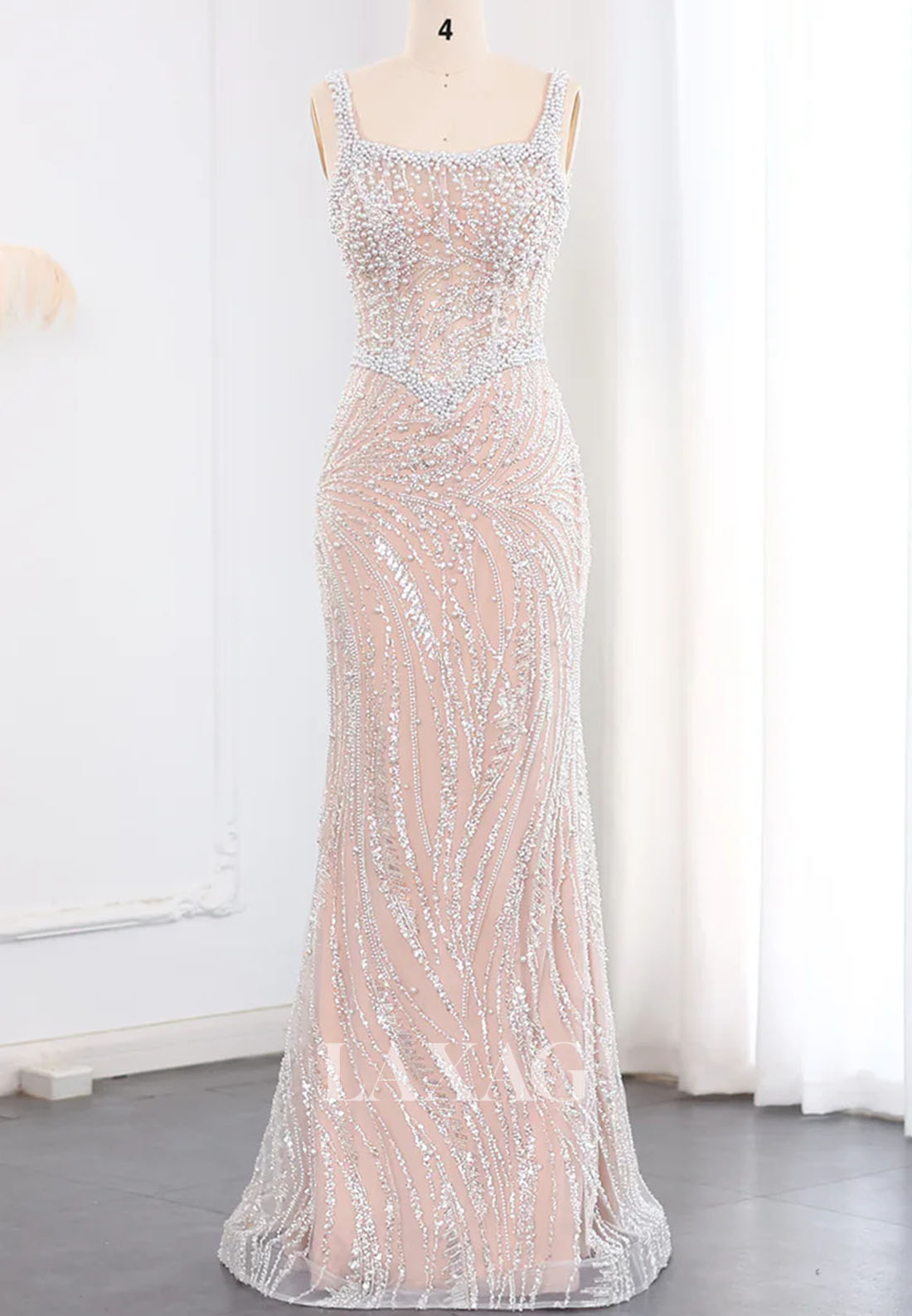 Bateau-Neck Straps Sleeveless Mermaid Evening Dress Sequined Pearls Beaded Prom Gowns