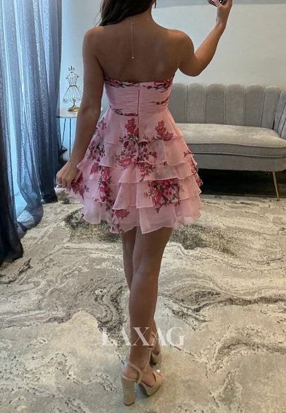 Sweetheart Off-Shoulder SleevelessPleated Chiffon Tiered Short A-Line Party Homecoming Dress